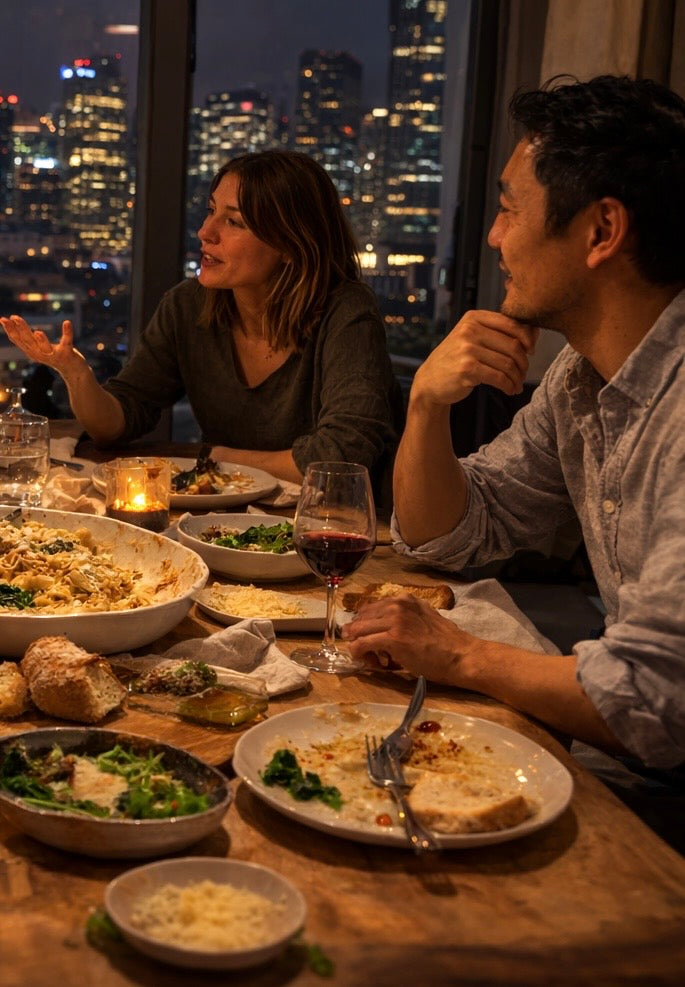Two people enjoying a meal together with a city skyline view at night.